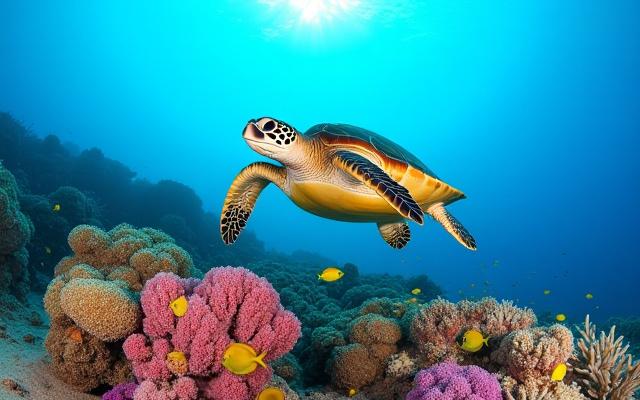Tortue marine nageant gracieusement au-dessus d'un récif corallien coloré et intact